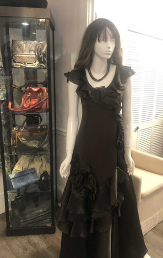 Teri Jon Rickie Freeman silk cascading ruffles full length gown