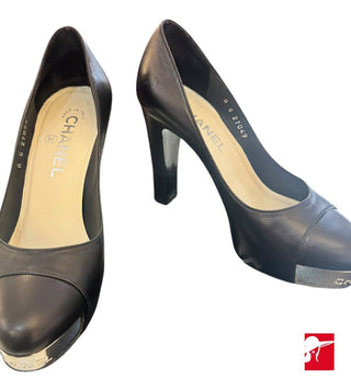 Chanel leather silver toe plate platform pumps sie 36.5/6