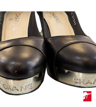 Chanel leather silver toe plate platform pumps sie 36.5/6