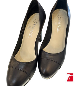 Chanel leather silver toe plate platform pumps sie 36.5/6