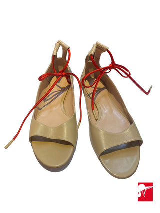 Jil Sander leather & woven w/red satin ankle ties NEW