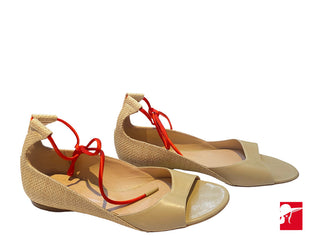 Jil Sander leather & woven w/red satin ankle ties NEW